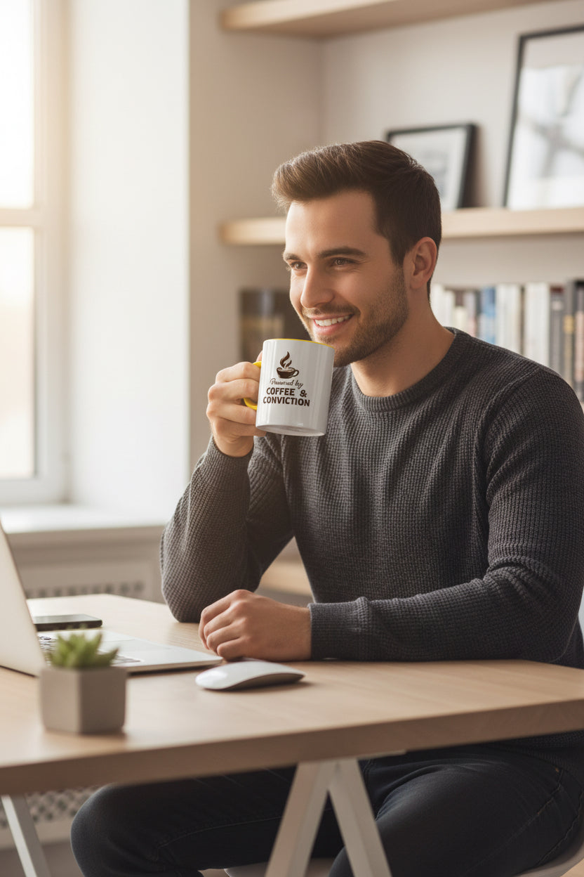 Coffee Mug — "Powered by Coffee & Conviction" Accent Ceramic Mug