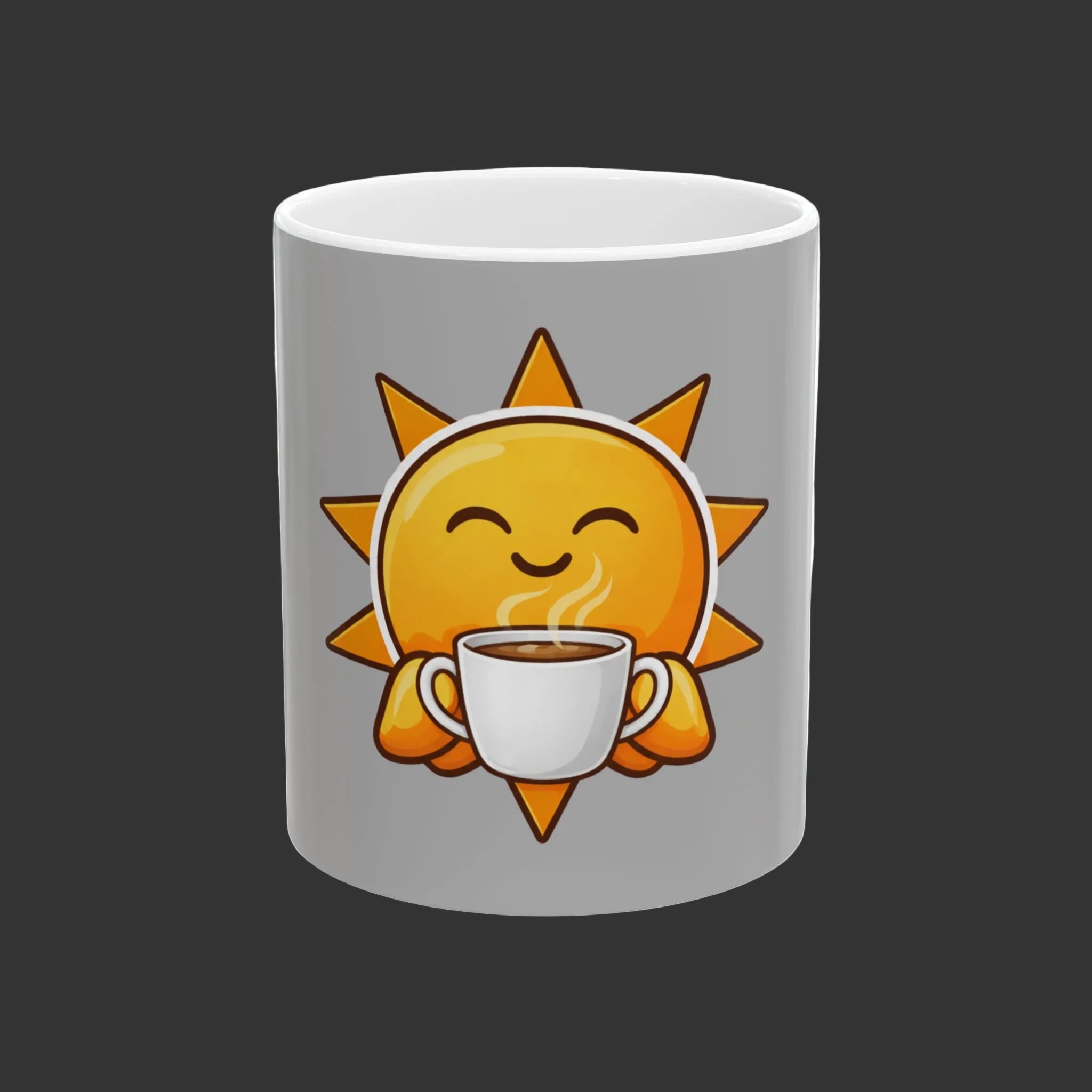Sunshine Coffee Mug — Cute Smiling Sun Holding Coffee, Morning Positive Ceramic Mug (11oz & 15oz)