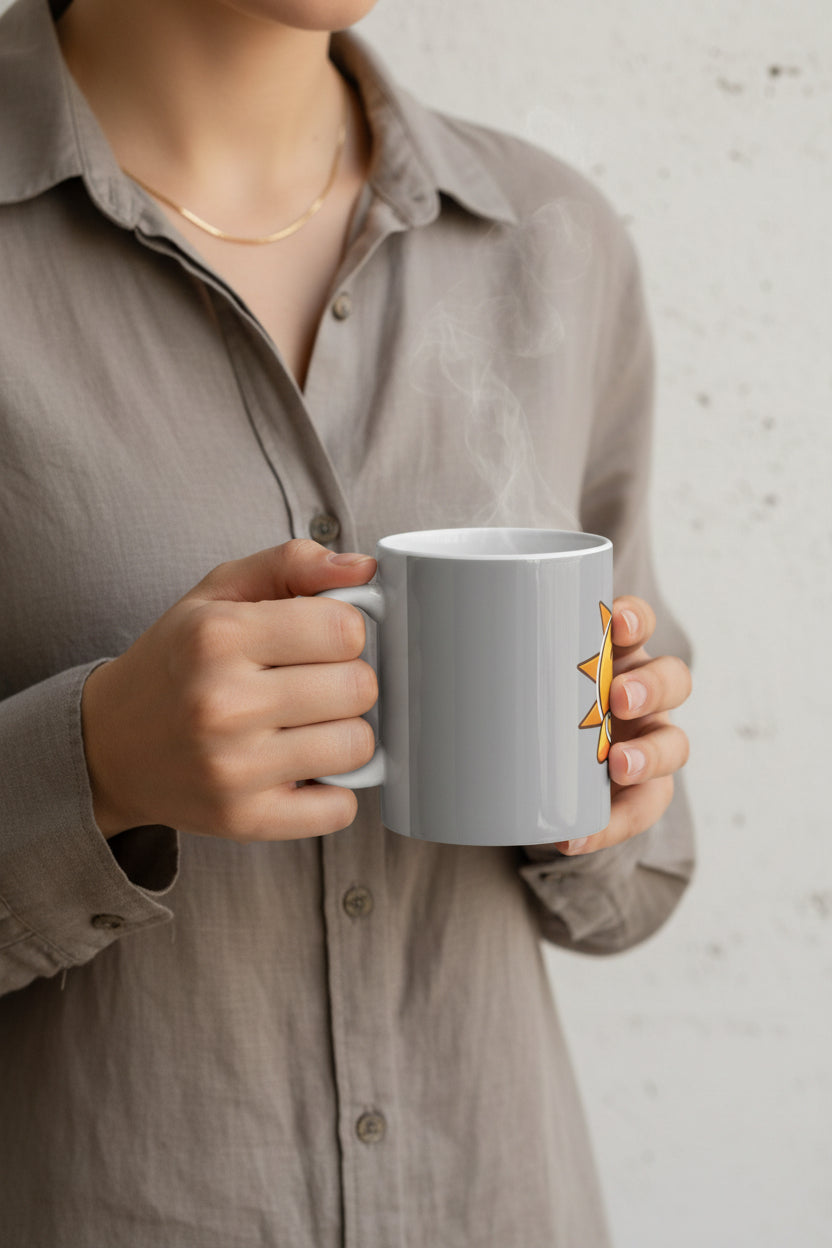 Sunshine Coffee Mug — Cute Smiling Sun Holding Coffee, Morning Positive Ceramic Mug (11oz & 15oz)