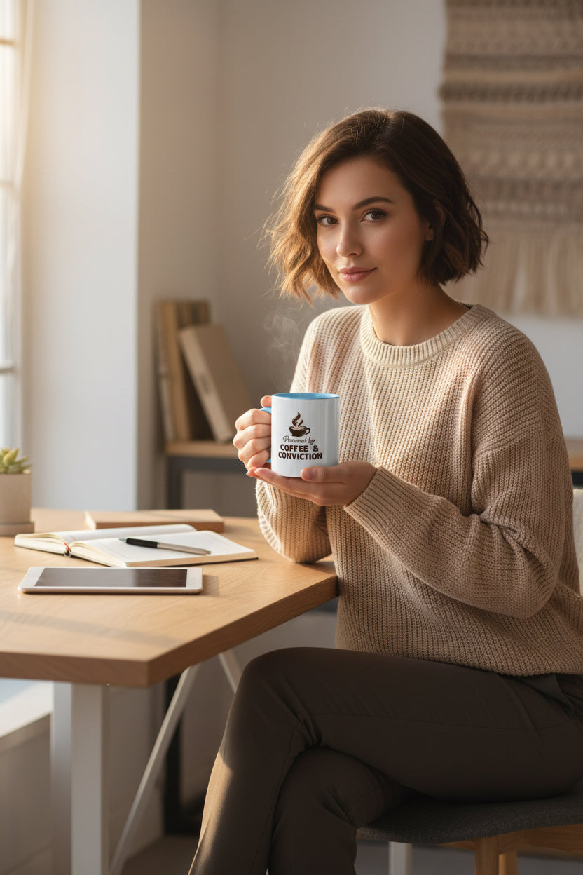 Coffee Mug — "Powered by Coffee & Conviction" Accent Ceramic Mug