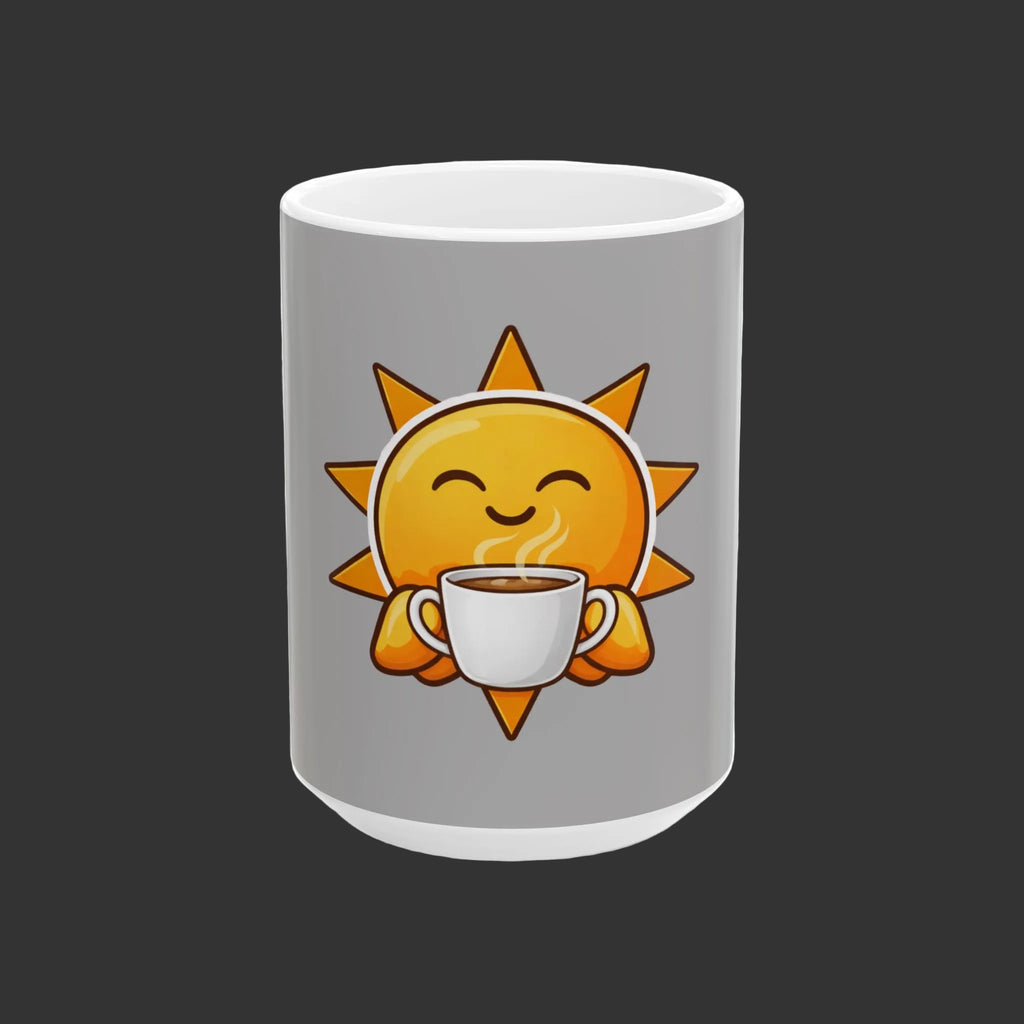 Sunshine Coffee Mug — Cute Smiling Sun Holding Coffee, Morning Positive Ceramic Mug (11oz & 15oz)