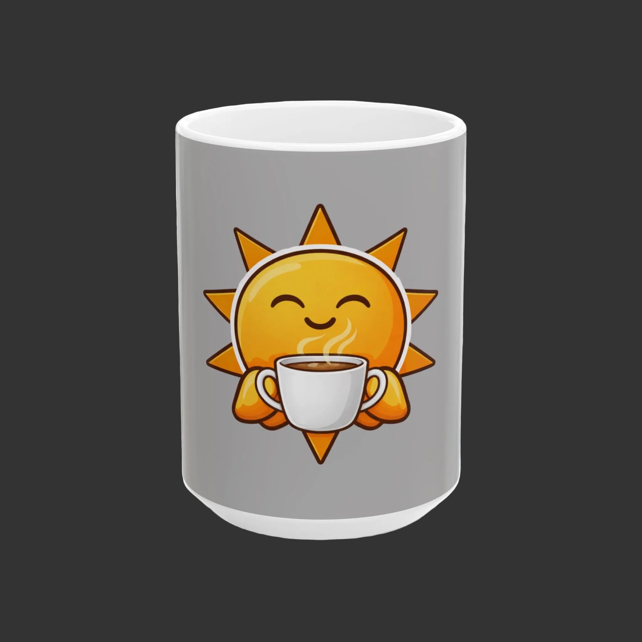 Sunshine Coffee Mug — Cute Smiling Sun Holding Coffee, Morning Positive Ceramic Mug (11oz & 15oz)