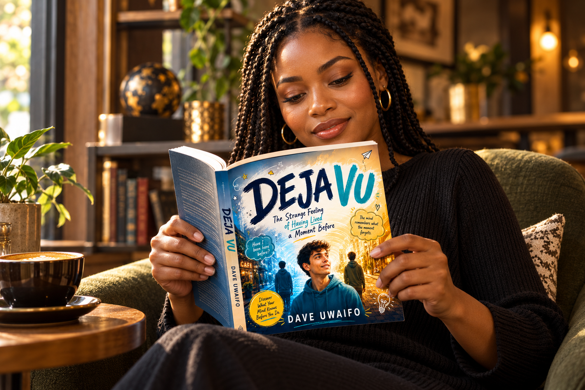 A female reader holding Deja Vu by Dave Uwaifo in a warm café