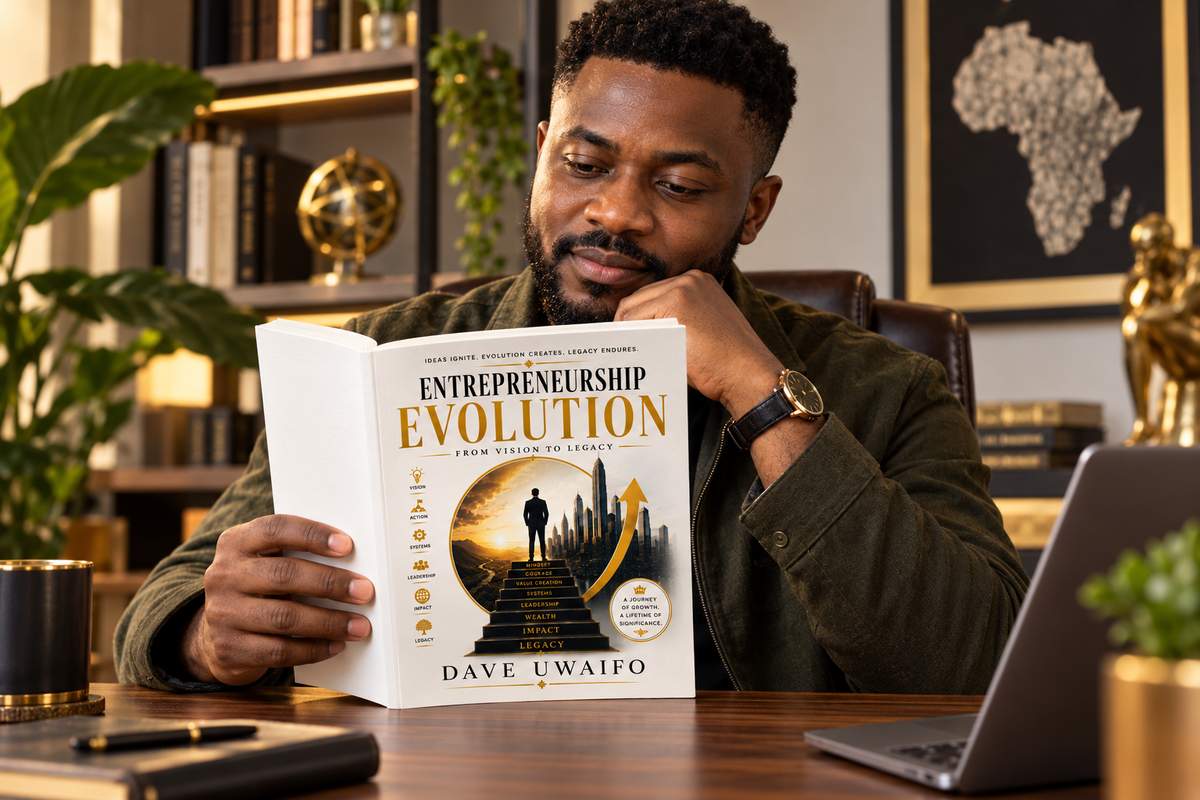 A male entrepreneur reading Entrepreneurship Evolution by Dave Uwaifo