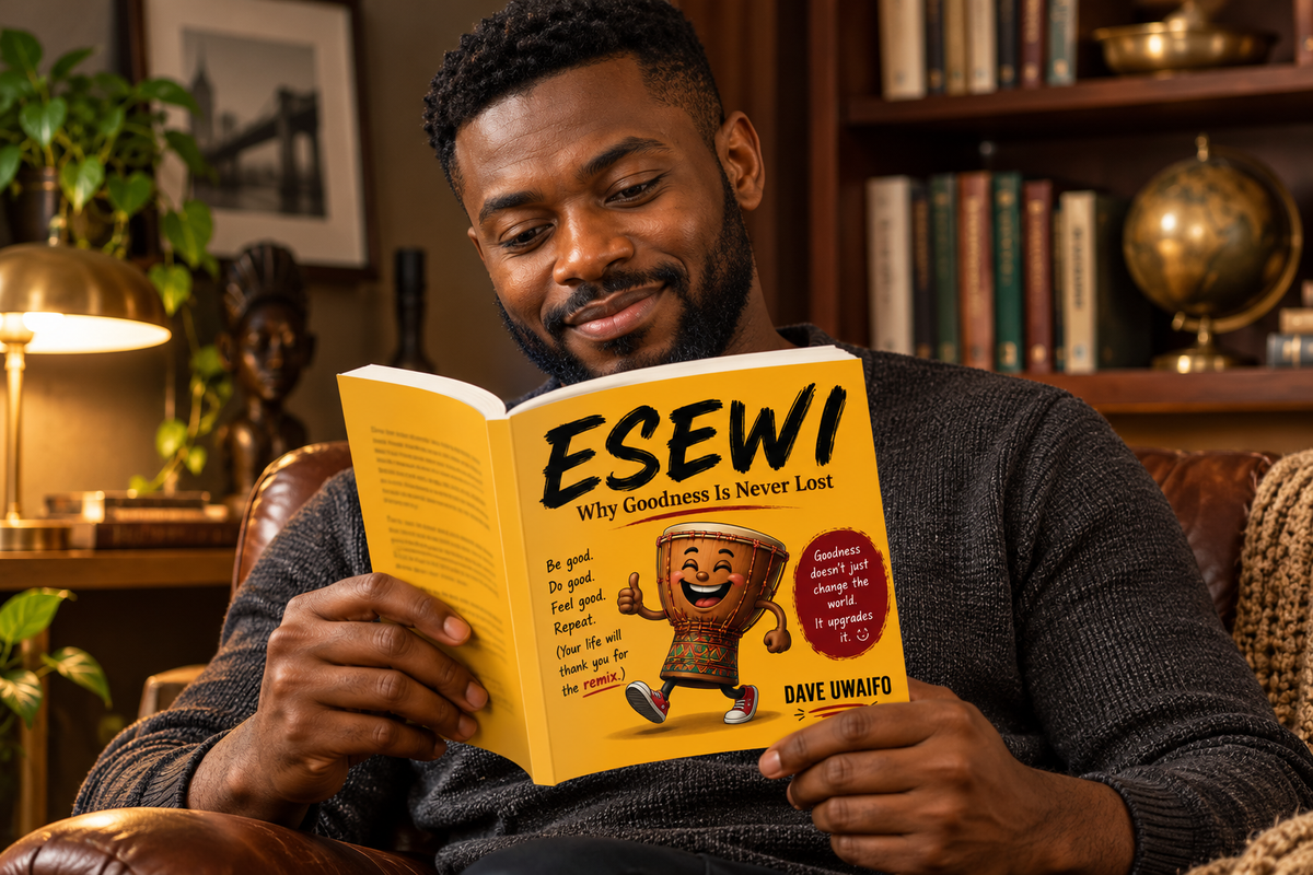 A male reader holding ESEWI by Dave Uwaifo in a warm reading room