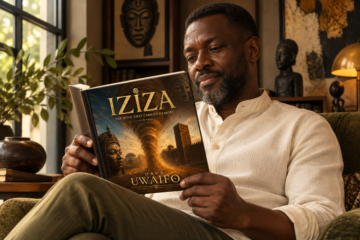 A male reader holding Iziza by Dave Uwaifo in an art-filled reading room