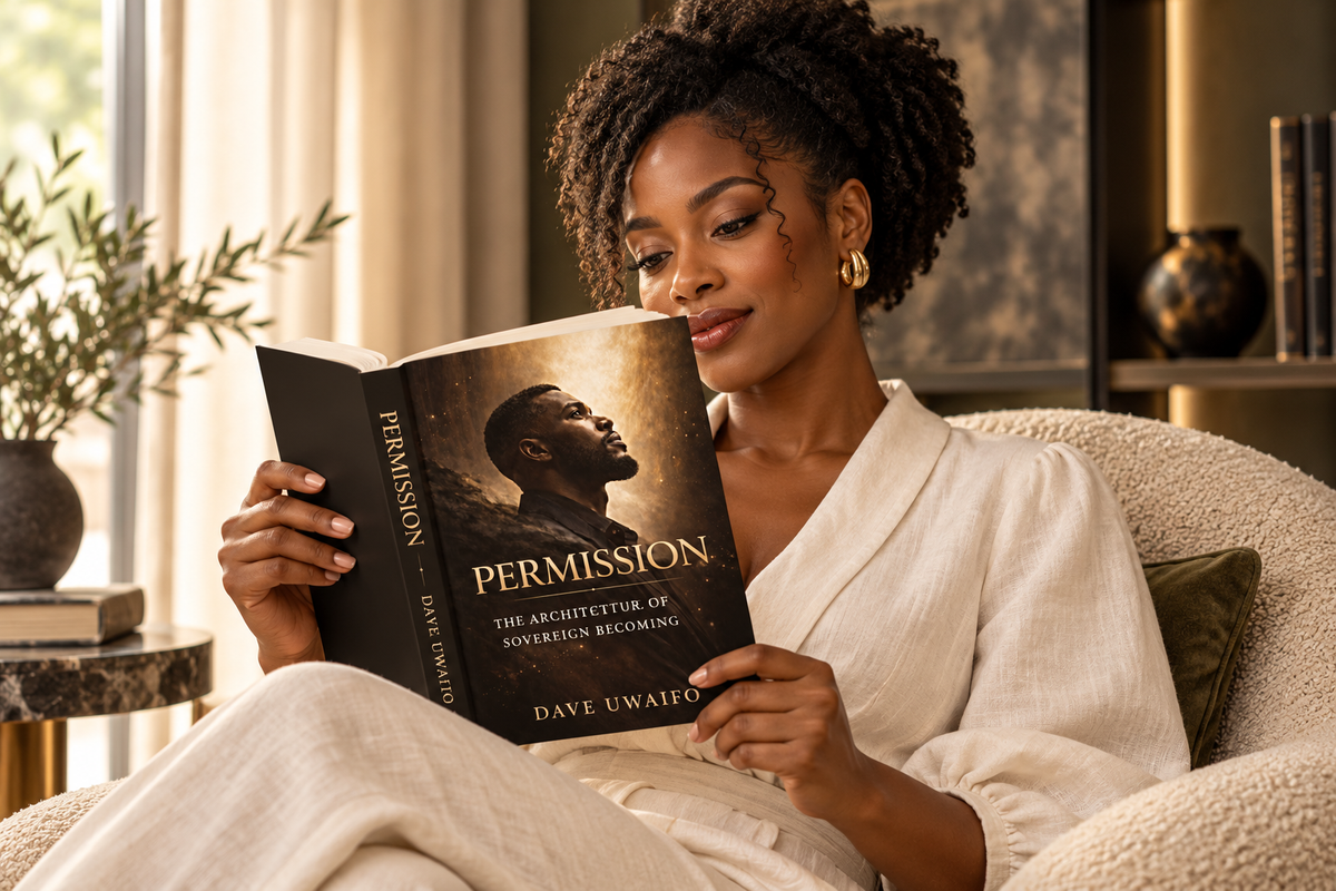 A female reader enjoying Permission by Dave Uwaifo beside a window