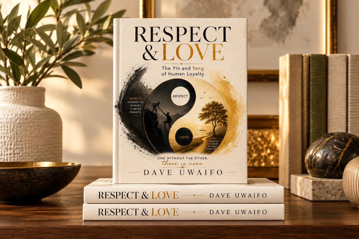 Respect & Love by Dave Uwaifo displayed on a refined ivory and walnut bookshelf
